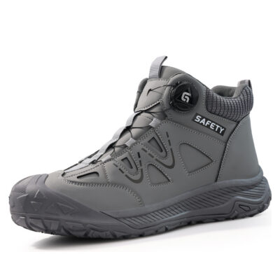 Gray steel toe work shoes angled view