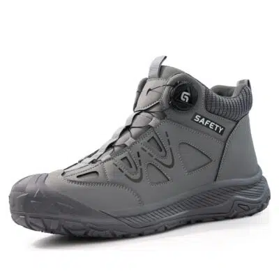Gray steel toe work shoes angled view