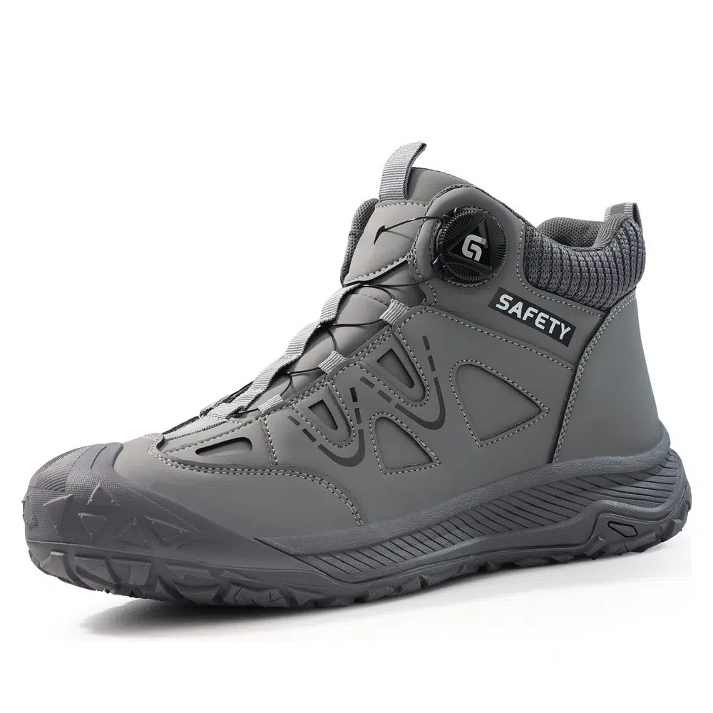 Gray steel toe work shoes angled view