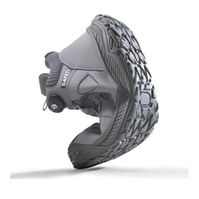 Gray steel toe work shoes rear or flex view