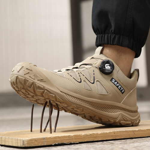 puncture-resistant midsole on khaki steel toe work shoes