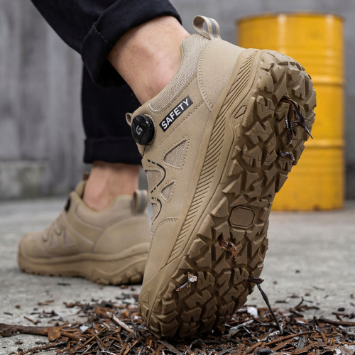 abrasion-resistant build on khaki steel toe work shoes