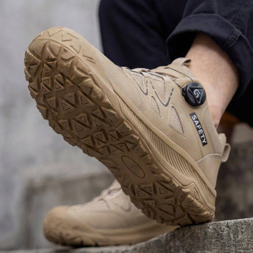 slip-resistant outsole on khaki steel toe work shoes