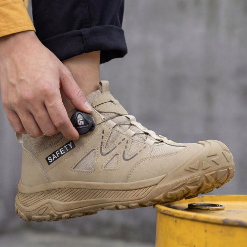 quick dial lacing on khaki steel toe work shoes