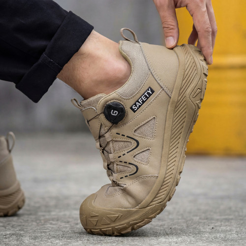 easy on and off on khaki steel toe work shoes