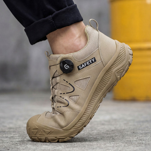 flexible cushioning on khaki steel toe work shoes