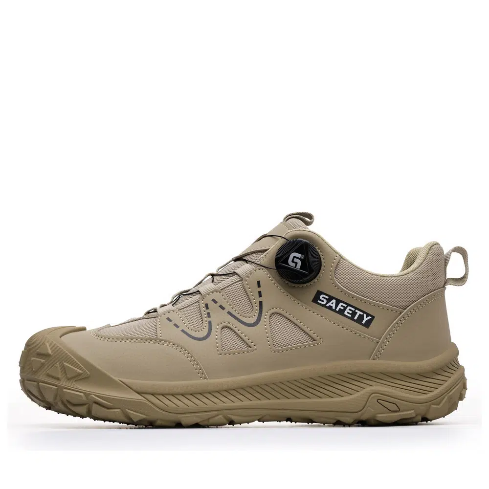Khaki dial lacing steel toe work shoes side profile