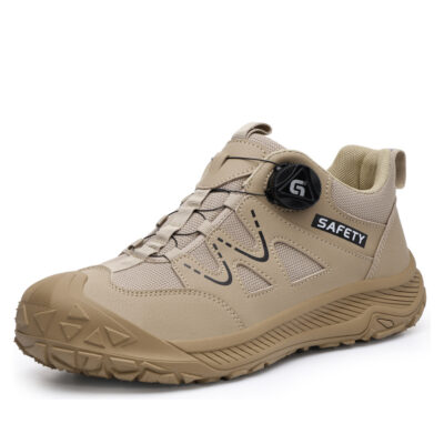 Khaki steel toe work shoes angled view