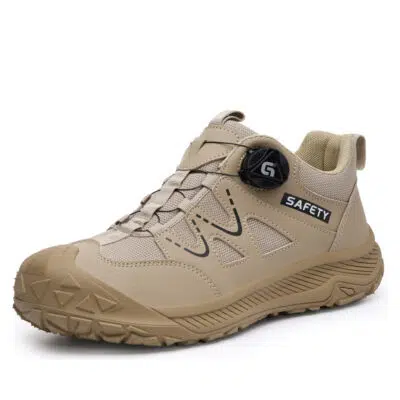 Khaki steel toe work shoes angled view