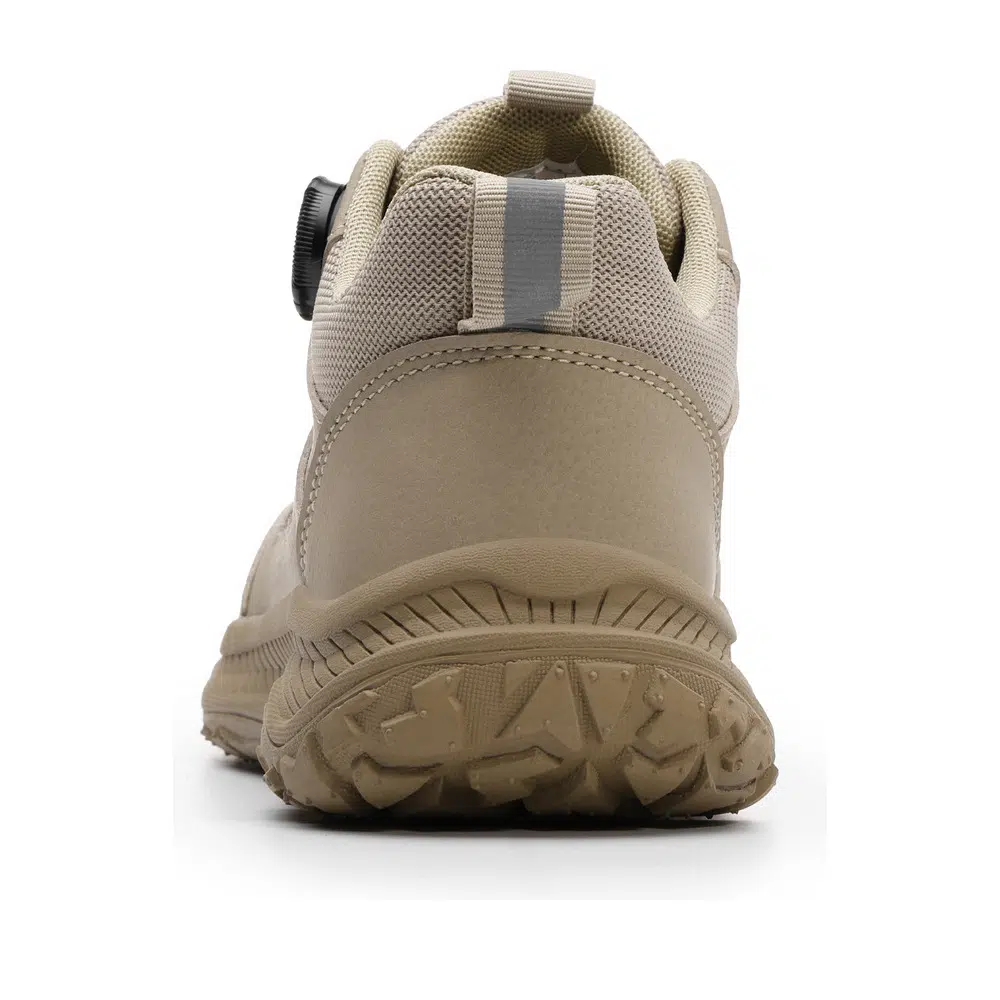 Khaki steel toe work shoes rear or flex view