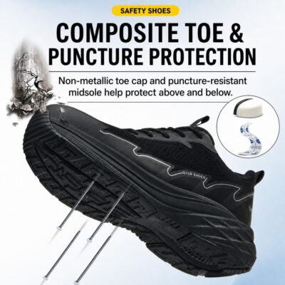 Breathable Composite Toe Work Shoes with Slip Resistant Outsole Black - Image 8