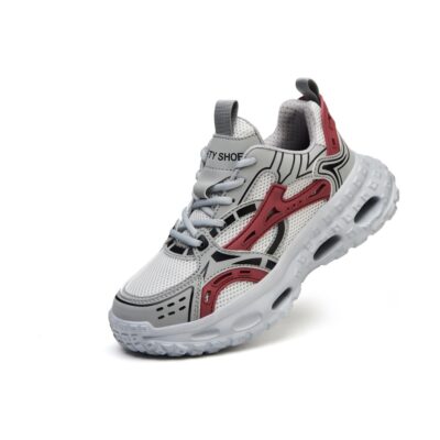 Women Gray Red steel toe work shoes front angle centered