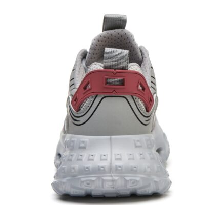 Women Gray Red steel toe work shoes rear view centered full