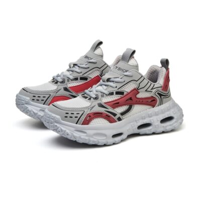 Women Gray Red steel toe work shoes pair centered