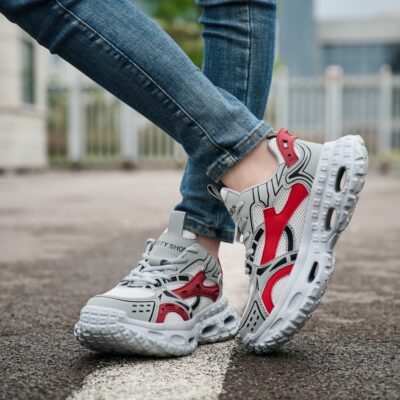 Gray/Red steel toe work shoes 9