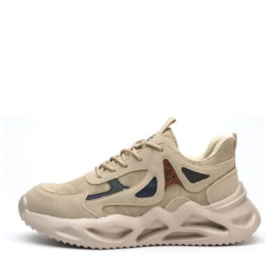 Beige steel toe work shoes aligned side profile