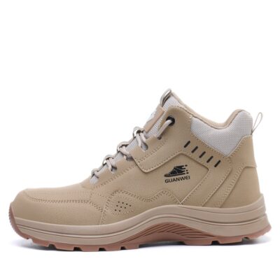 Beige high top steel toe work shoes side profile