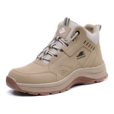 Beige high top work shoes front angle view