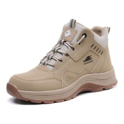 Beige high top work shoes front angle view