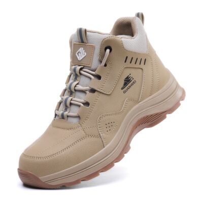 Beige safety work shoes raised angle view