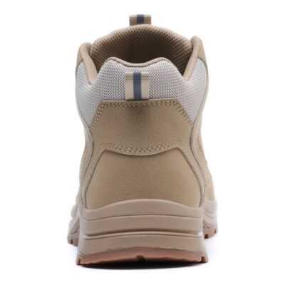 Rear view of beige high top work shoes