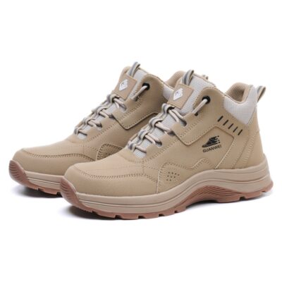 Pair of beige steel toe work shoes