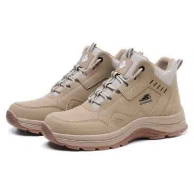Pair of beige steel toe work shoes