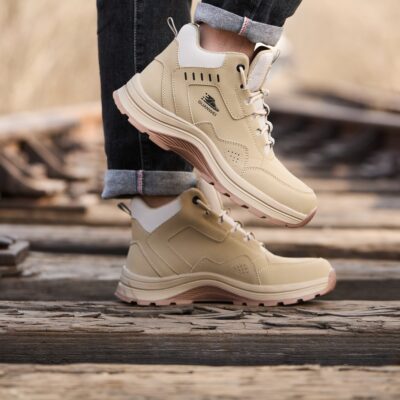 Beige high top safety shoes outdoor comfort scene