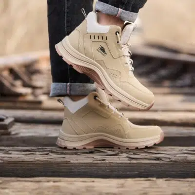 Beige high top safety shoes outdoor comfort scene