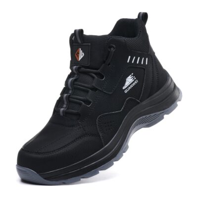 Black high top work shoes front angle view
