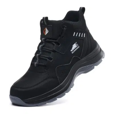 Black high top work shoes front angle view