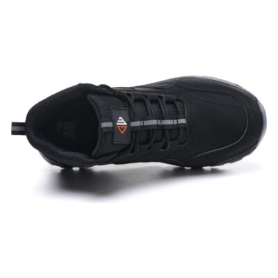 Top view of black steel toe work shoes