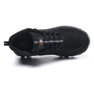 Top view of black steel toe work shoes