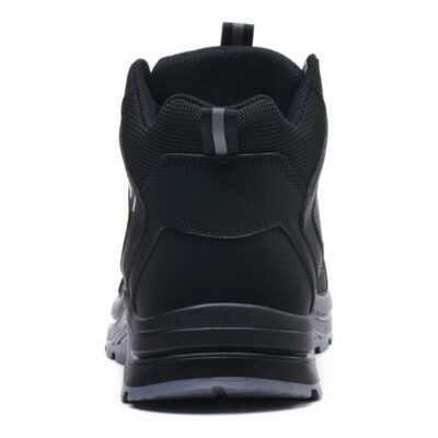 Rear view of black high top work shoes