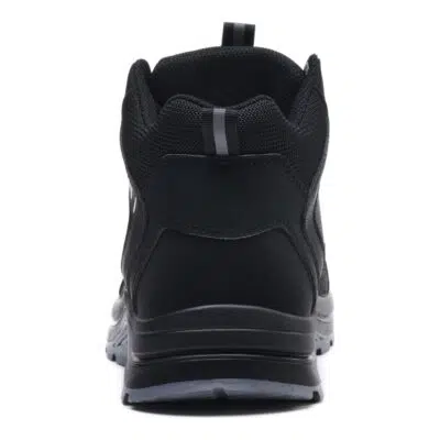 Rear view of black high top work shoes