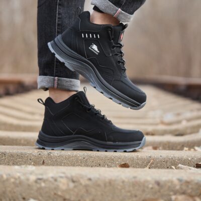 Black steel toe work shoes walking comfort scene