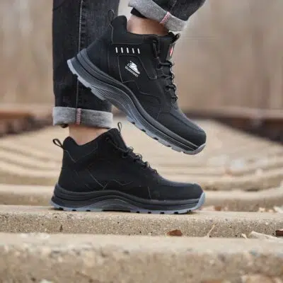 Black steel toe work shoes walking comfort scene