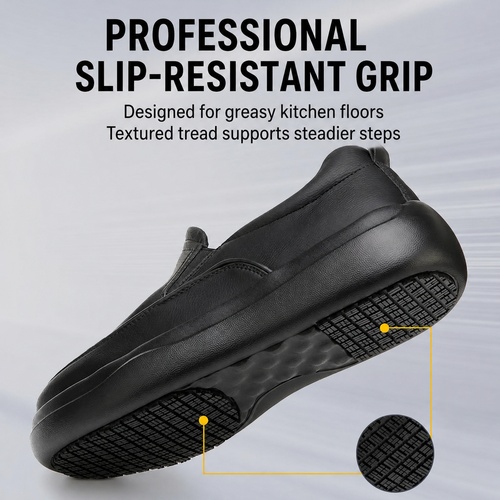 Slip resistant tread on black chef shoes