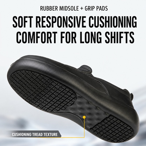 Responsive cushioned sole on black chef shoes
