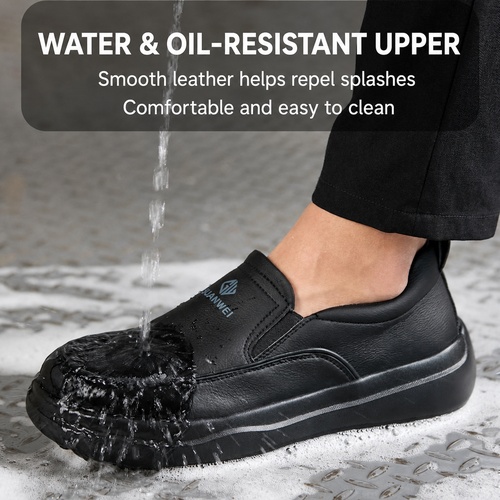 Water and oil resistant upper on black chef shoes
