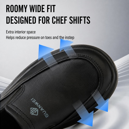Roomy wide fit design on black chef shoes