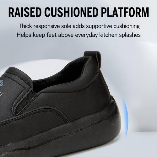 Raised cushioned platform sole on black chef shoes