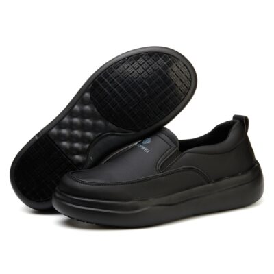 Outsole and upper view of black kitchen work shoes