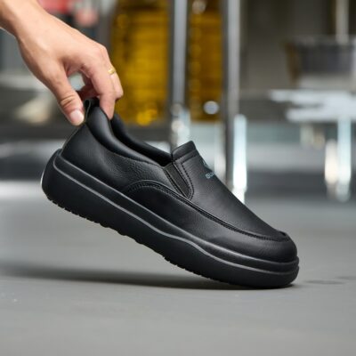 Black chef shoes in a professional kitchen