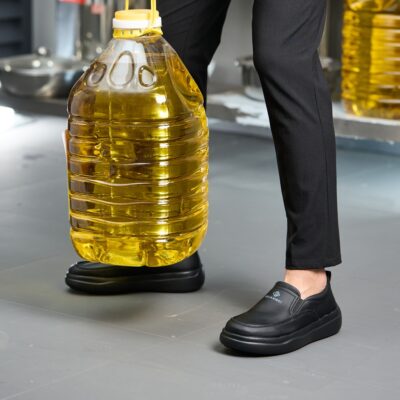 Black cushioned kitchen shoes supporting a busy shift