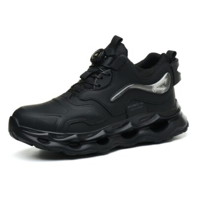 Black air cushion steel toe work shoes angle view
