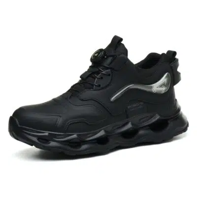 Black air cushion steel toe work shoes angle view