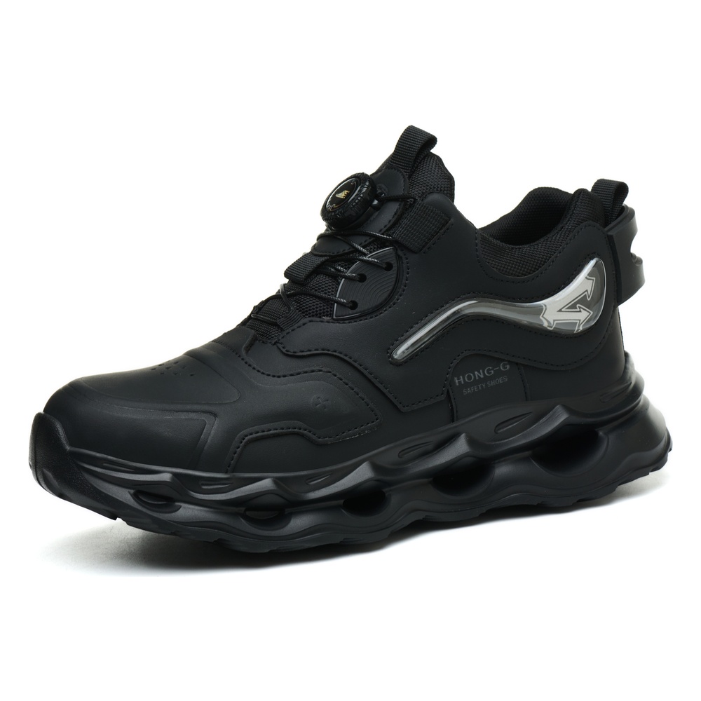 Black air cushion steel toe work shoes angle view