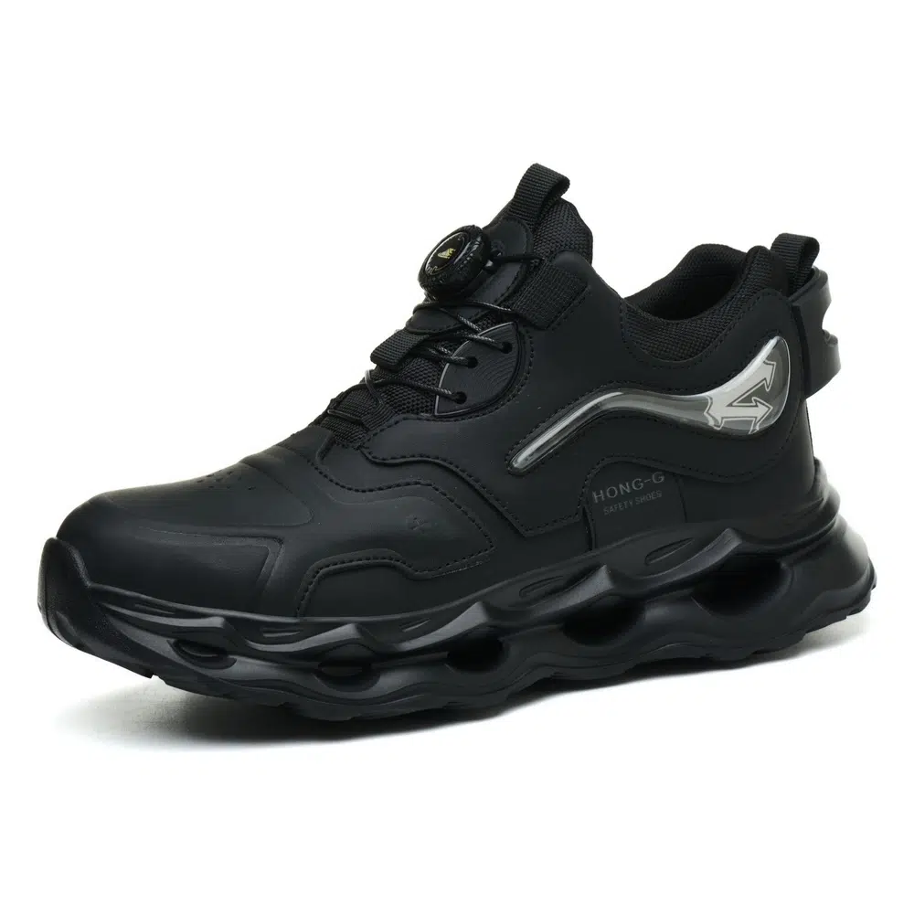 Black air cushion steel toe work shoes angle view