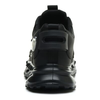 Rear view of black cushioned safety shoes